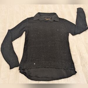Conbipel Women's Black Long Sleeve Sequin Collared Sweater Blouse Top Size: M